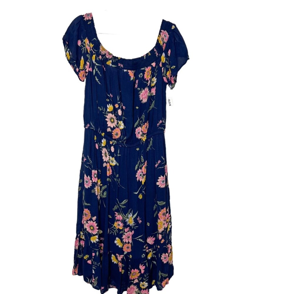 Old Navy NWT Dress Size L Blue Floral‎ Tiered Flowy Short Sleeve Midi Large